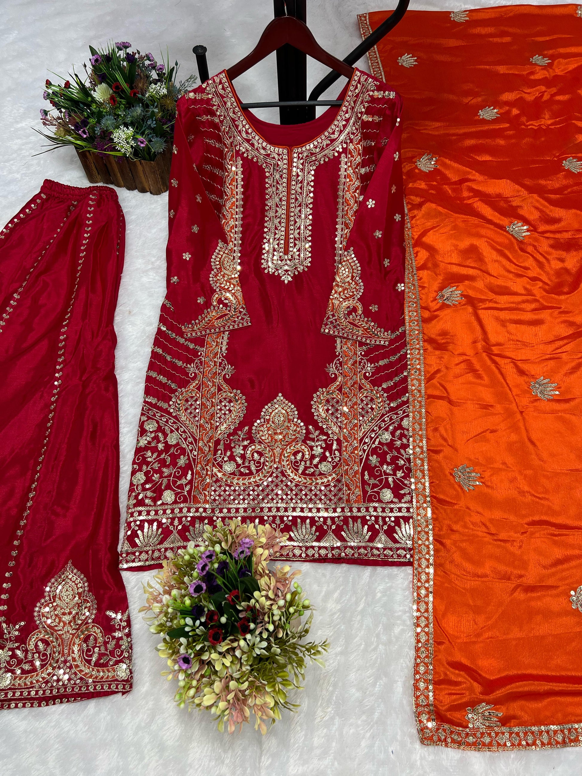Glossy Red Color Chinon Silk Palazzo With Dupatta Set