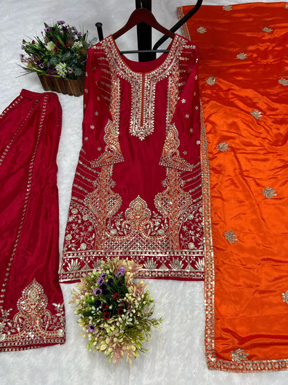 Glossy Red Color Chinon Silk Palazzo With Dupatta Set