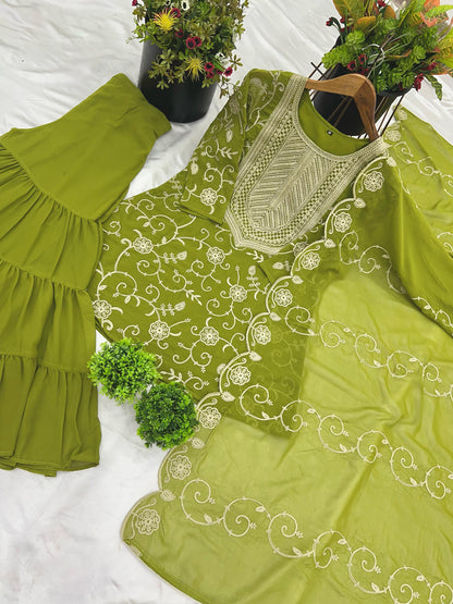 Designer Embroidery Work Perrot Color Sharara Suit