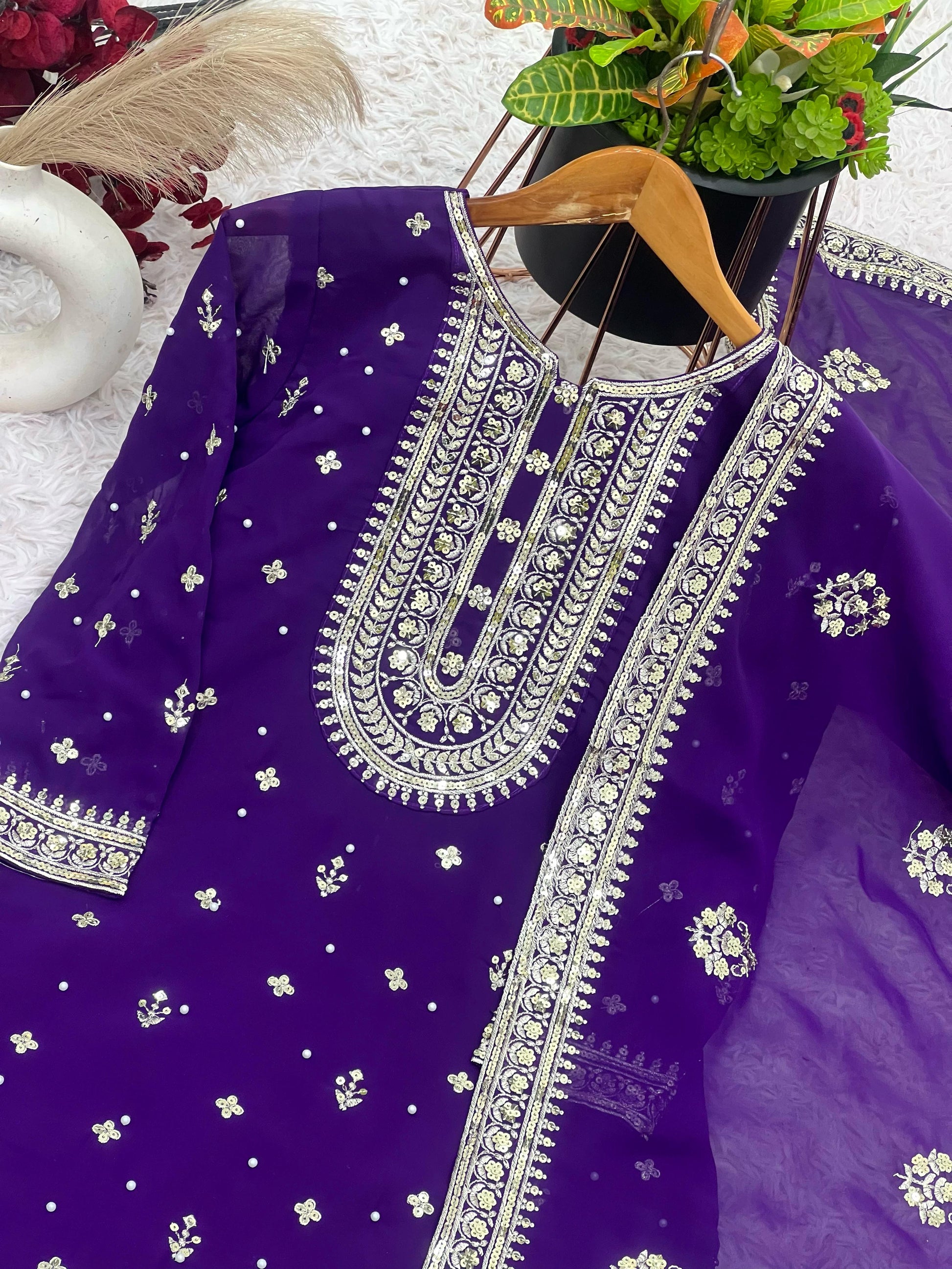 Glimmering Embroidery Work Purple Color Salwar Suit