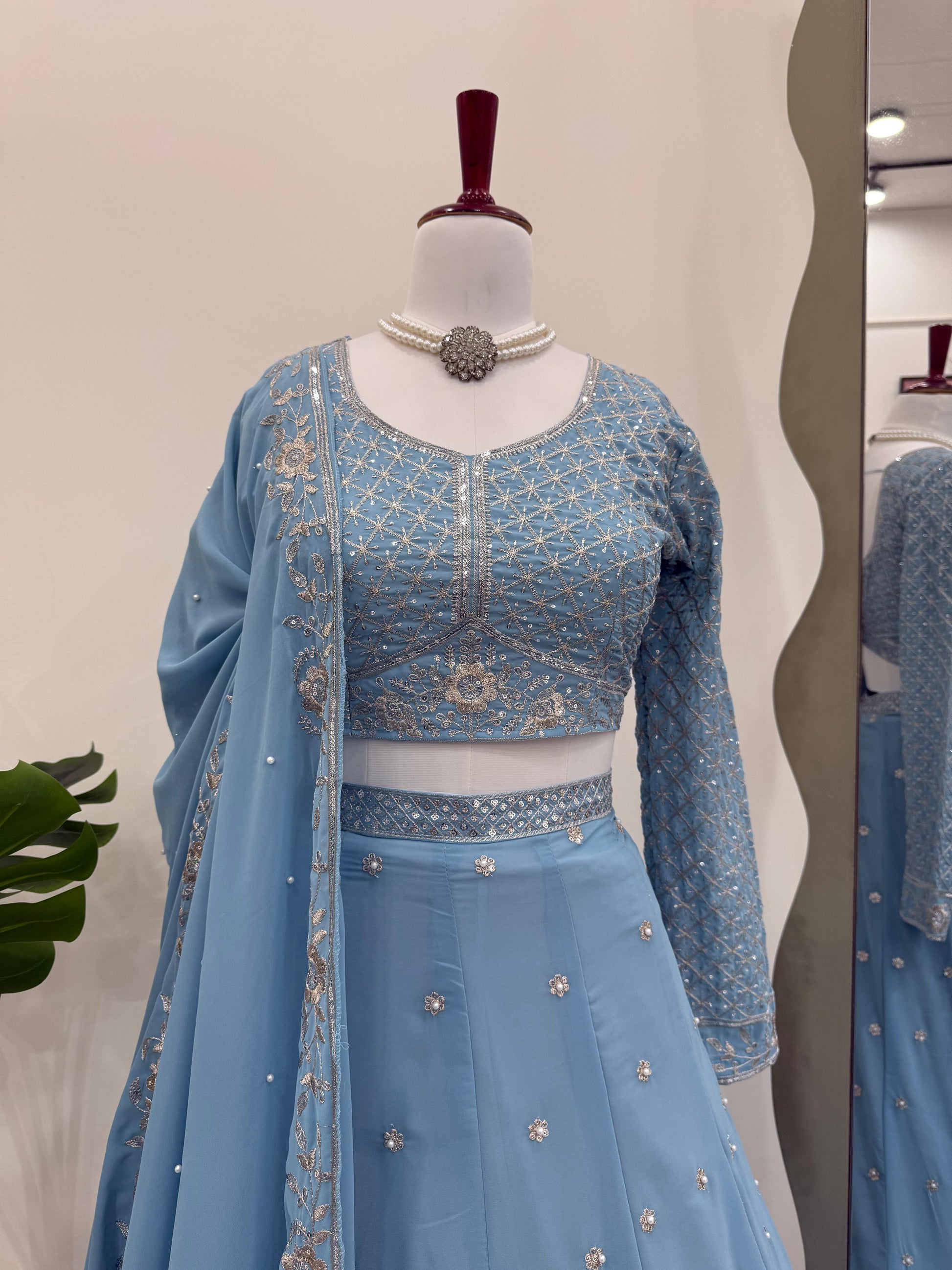 Opulent Gorgette Sky Blue Color Lehenga choli