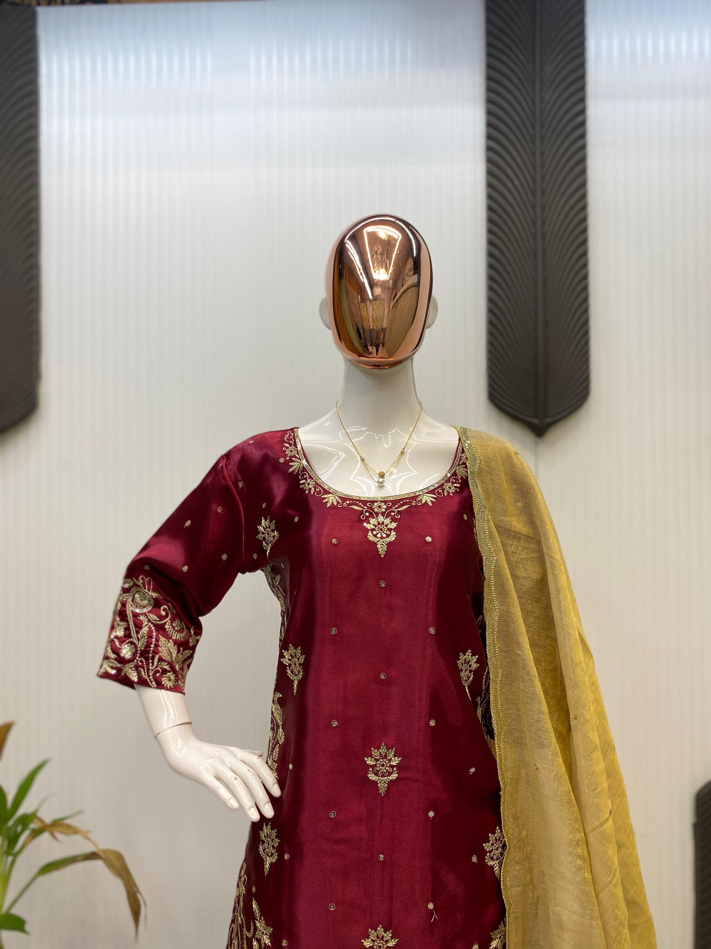 Glorious Maroon Satin Sequence Work Sharara Suit