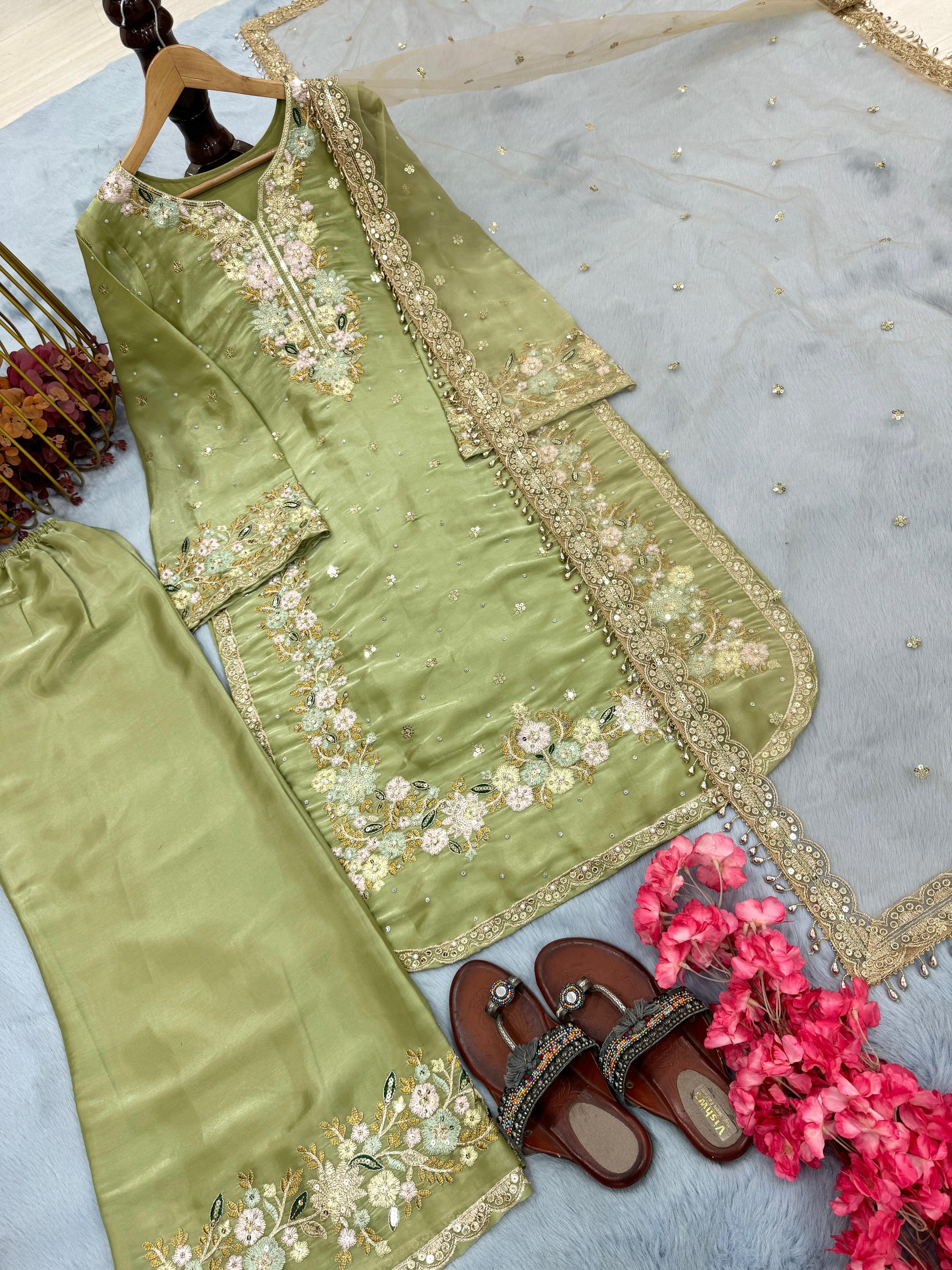 Elegant Jimmy Choo Sequence Work Perrot Color Palazzo Suit