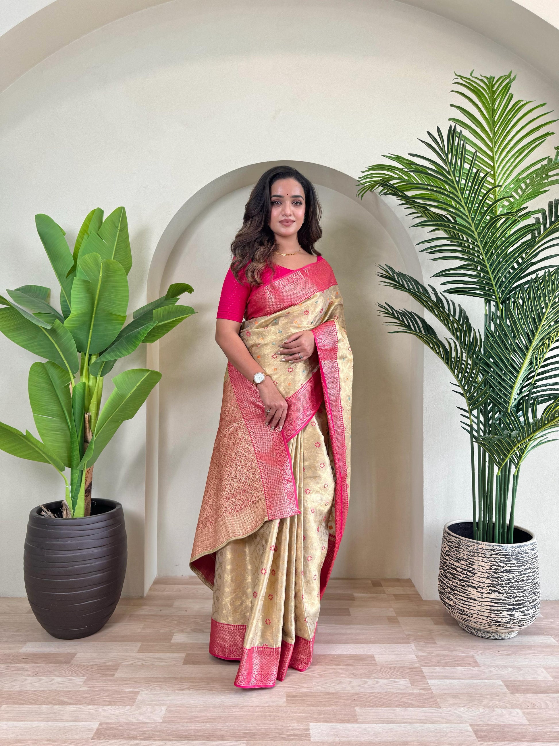 Designer Silk Zari Weaving Beige Color Saree