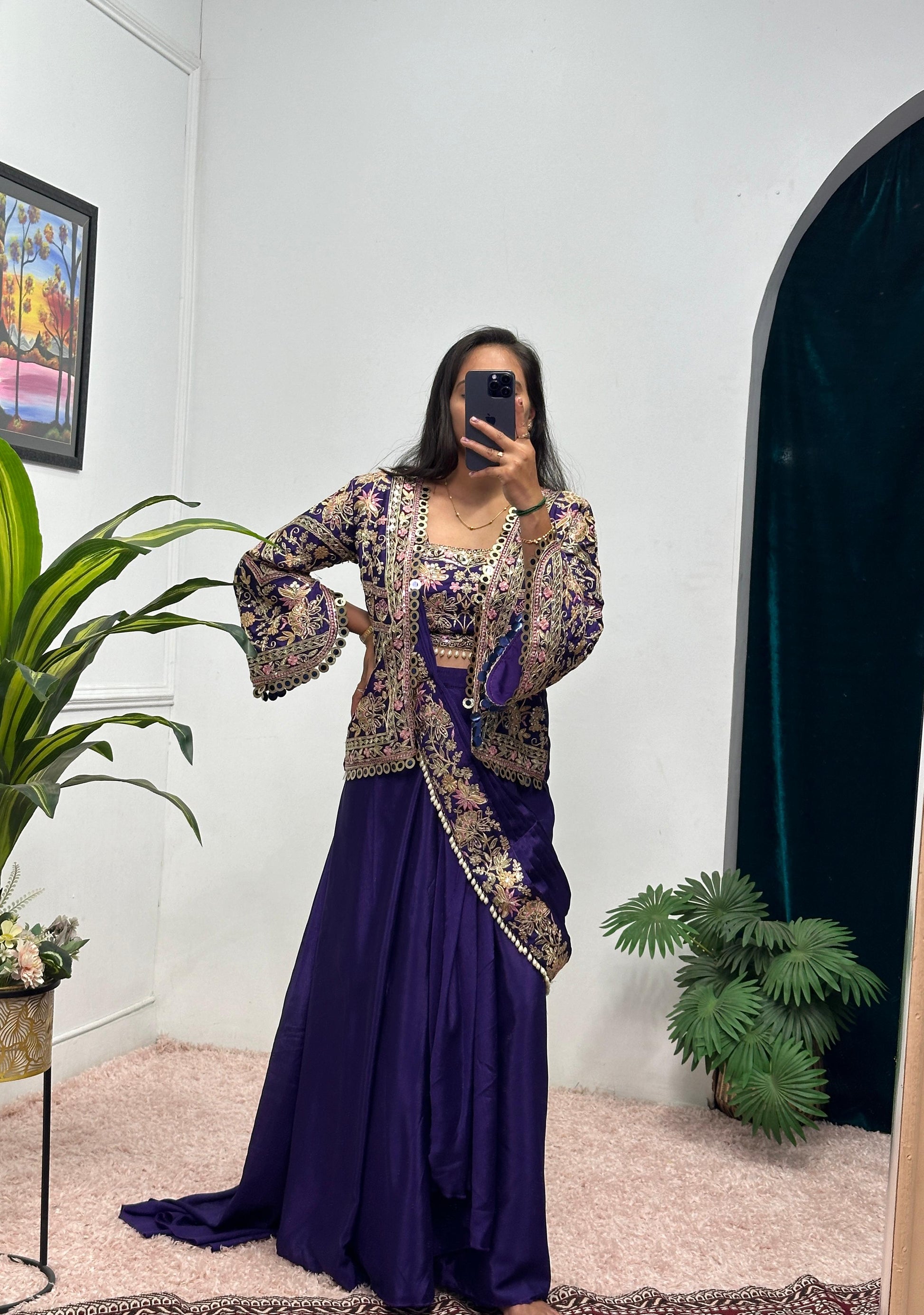 Presenting Embroidery Work Purple Color Ready To Wear Saree