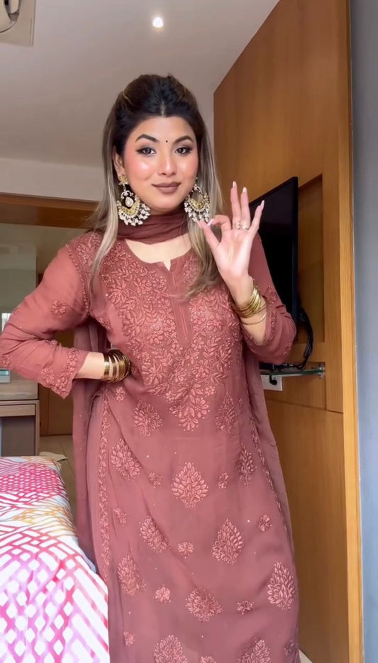 Alluring Pink Color Embroidery Work Palazzo Suit