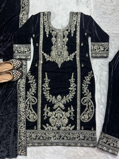 Exotic Viscous Embroidery Work Velvet Black Color Salwar Suit