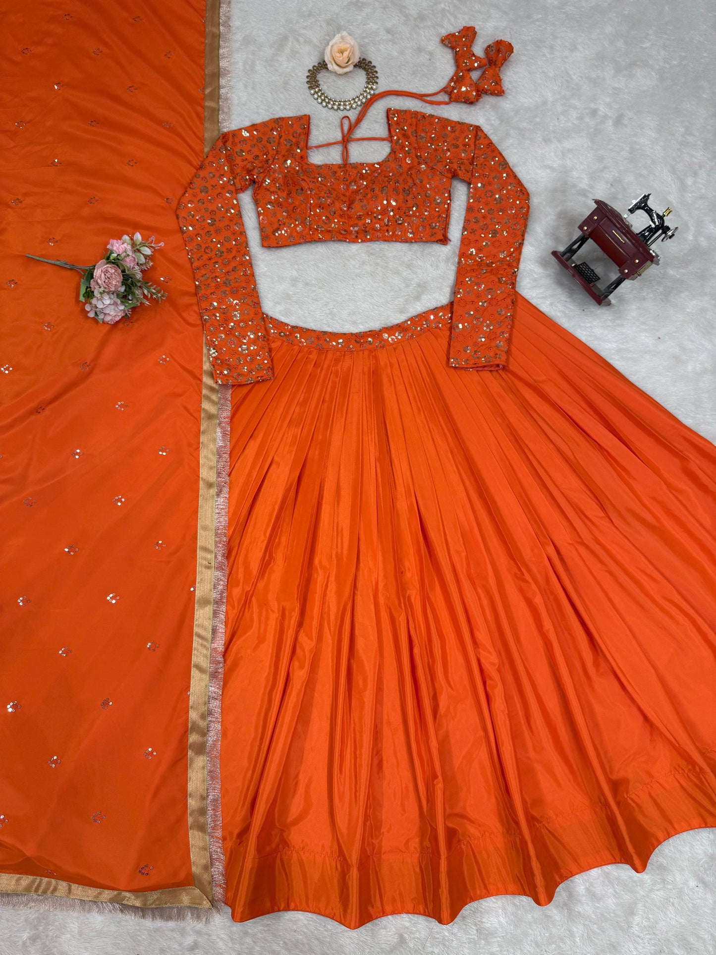 Wedding & Party Wear Sequence Work Orange Color Lehenga Choli