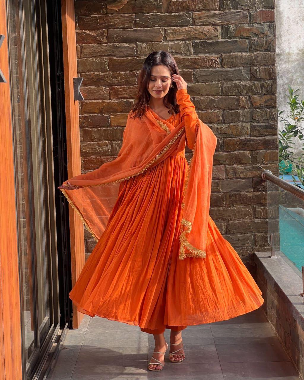 Peaceful Orange Color Chinnon Silk Anarkali Gown
