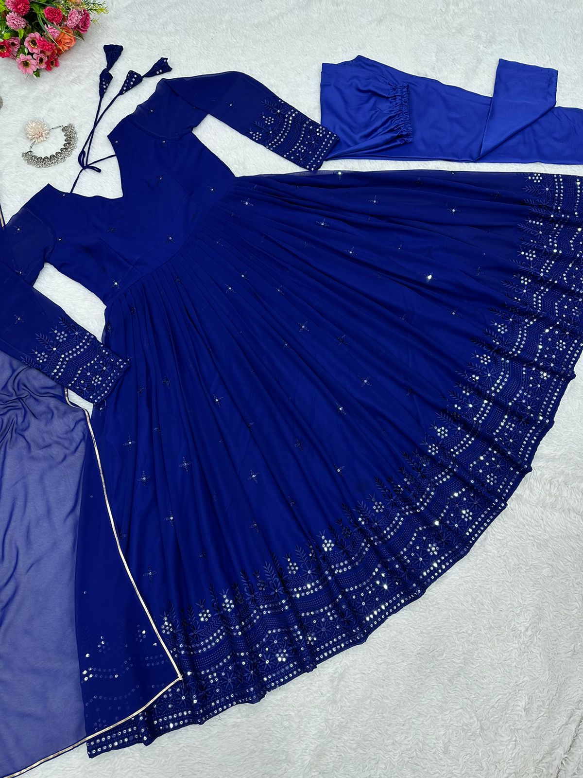 Fantastic Georgette Navy Blue Color Gown