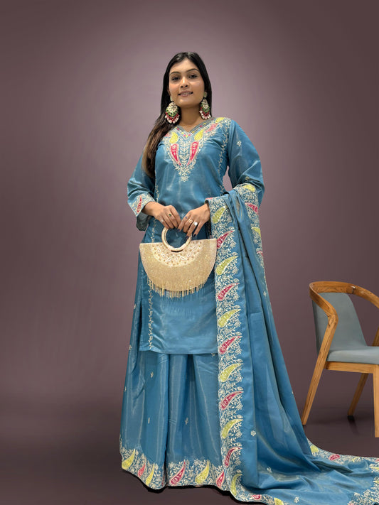 Imposing Roman Embroidery Work Blue Color Palazzo Suit