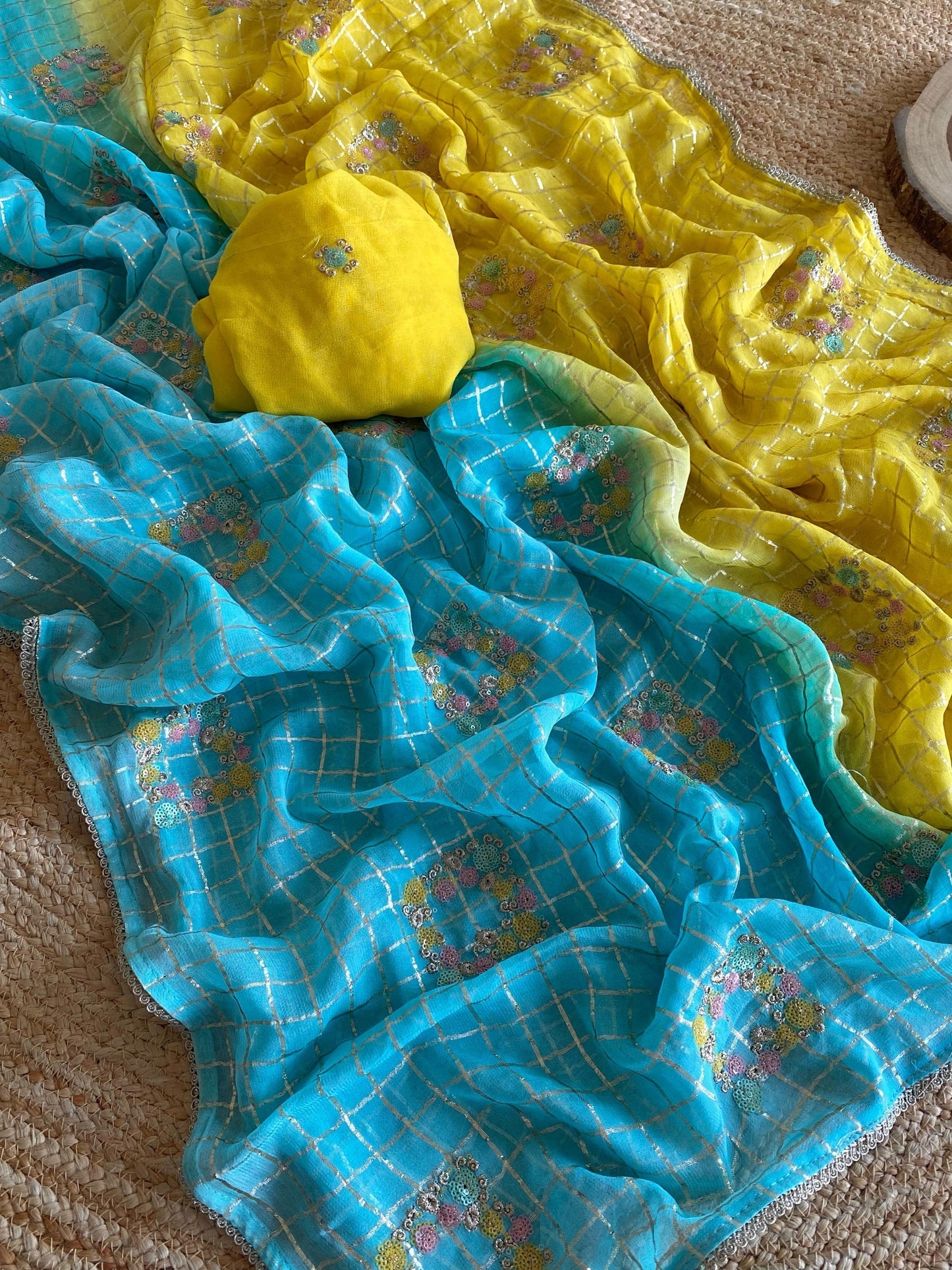 Glimmering Viscose Chiffon Sky Blue & Yellow Color Saree
