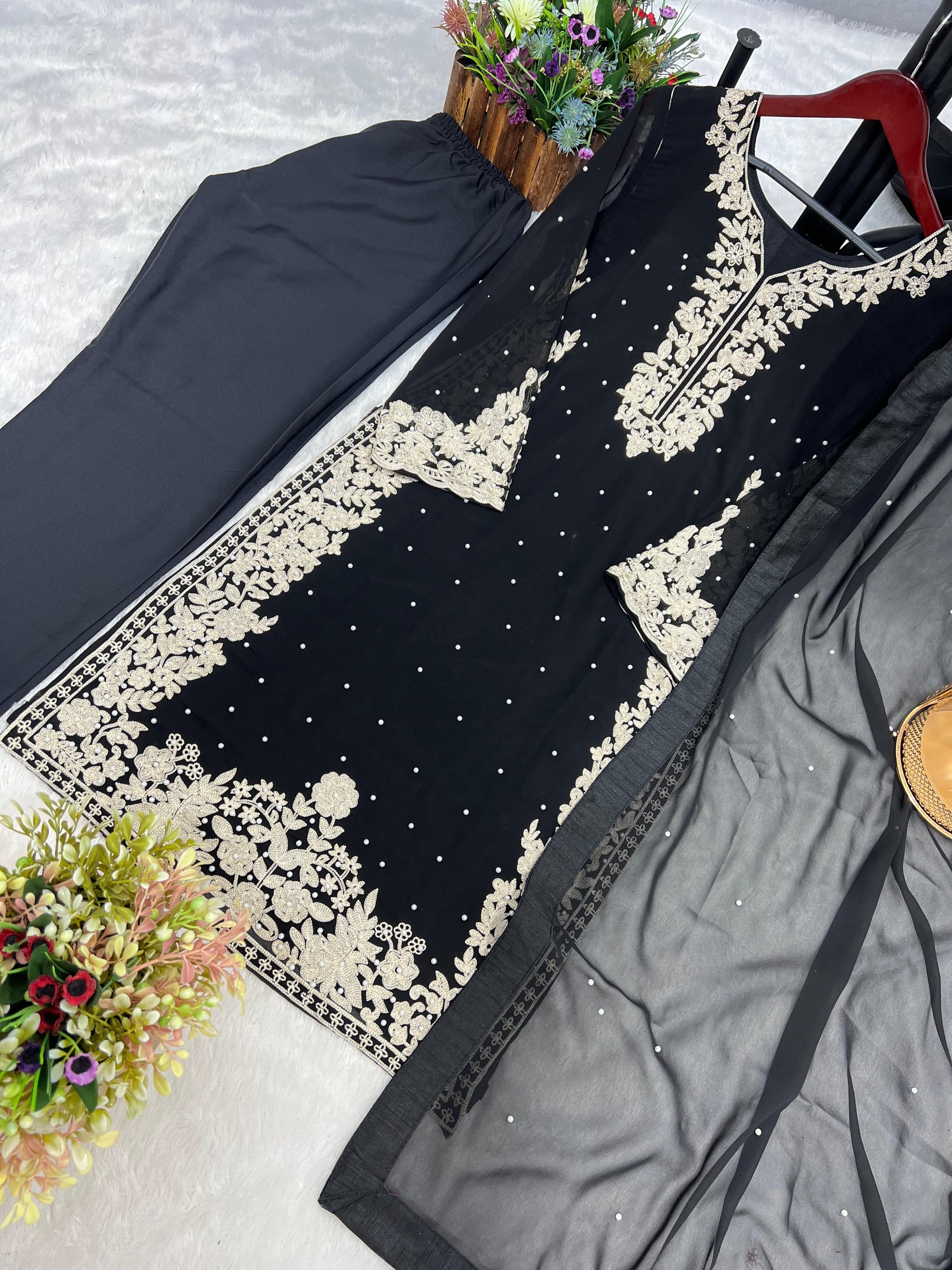 Outstanding Riveted Moti Work Black Color Palazzo Suit