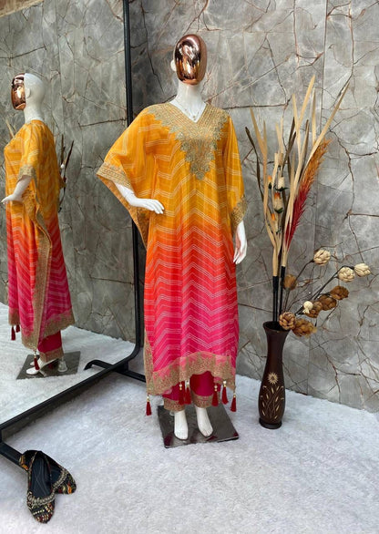 Preferable Chinon Embroidered Work Yellow Multi Color Kaftani Dress