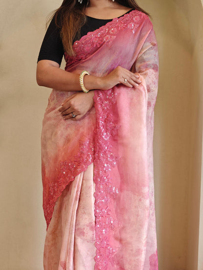Casual Wear Pink Color Digital Print Organza Saree