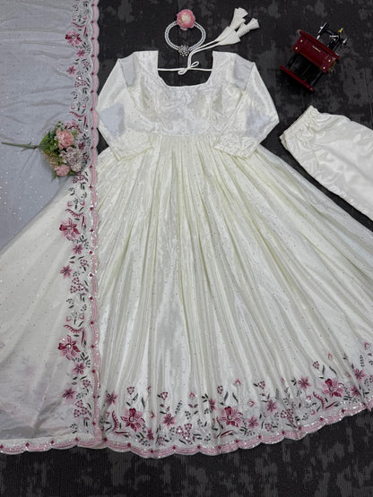 Designer Sequence Work White Color Gown