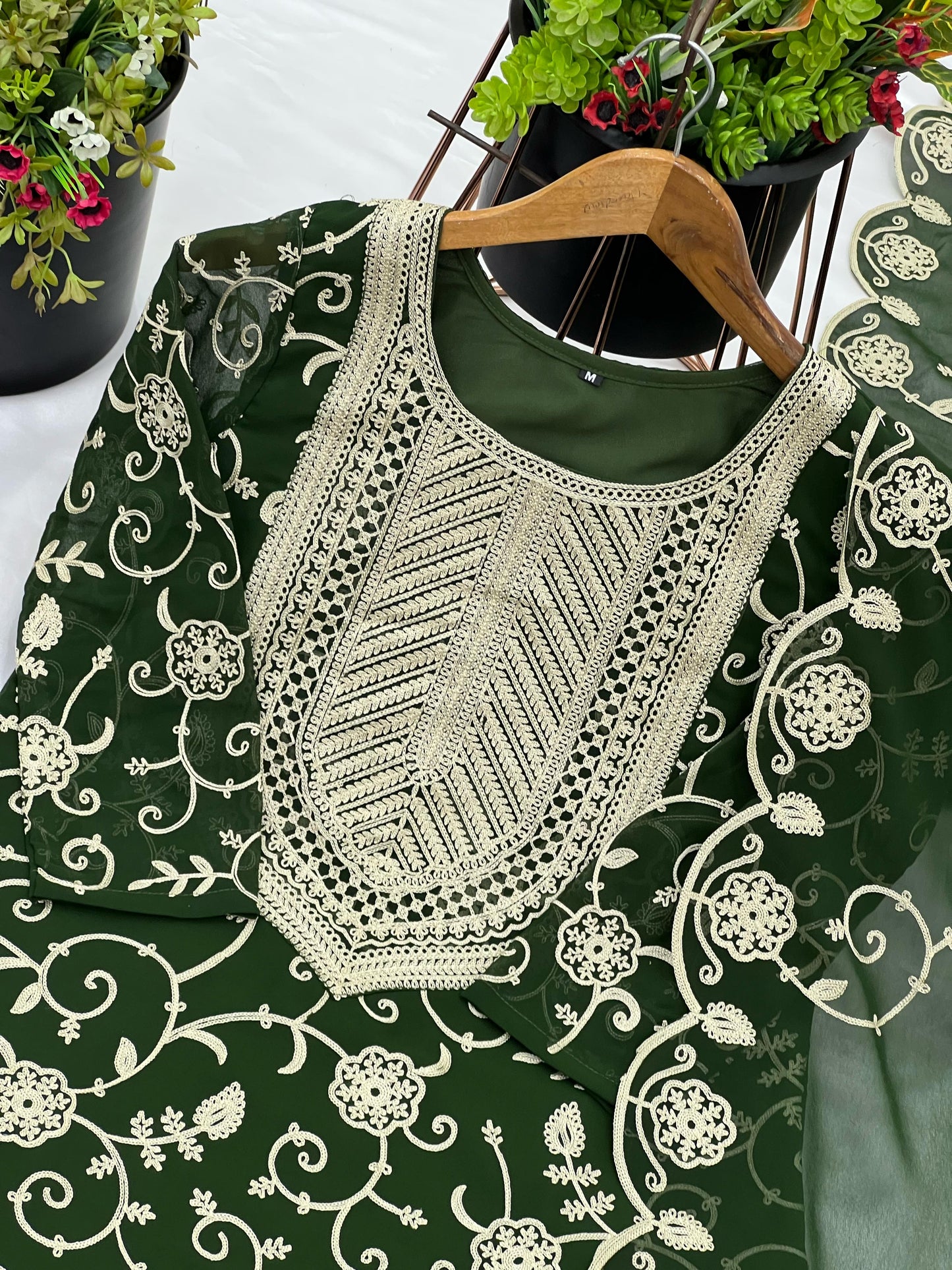 Designer Embroidery Work Green Color Sharara Suit