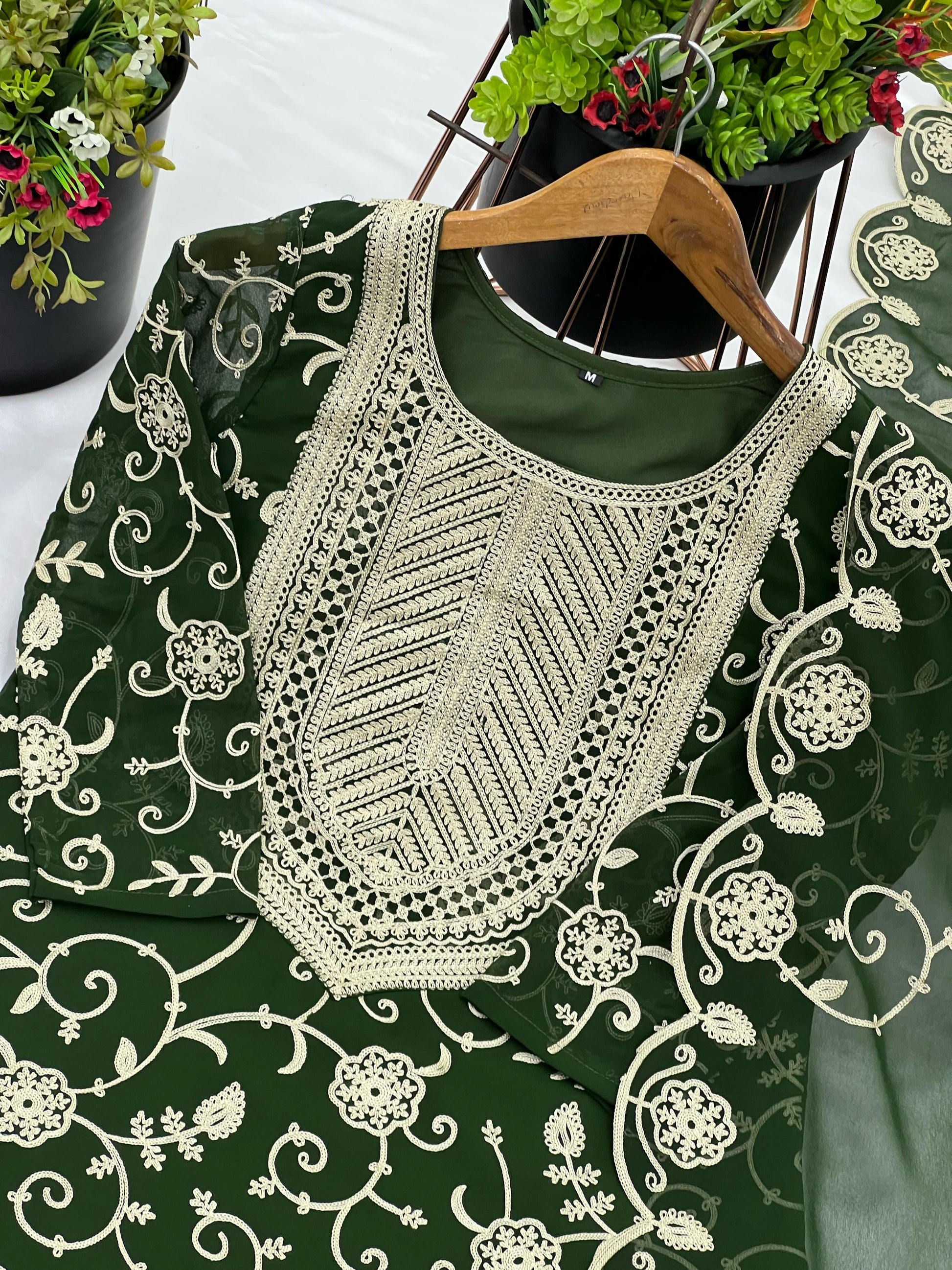 Designer Embroidery Work Green Color Sharara Suit