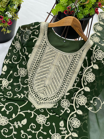 Designer Embroidery Work Green Color Sharara Suit