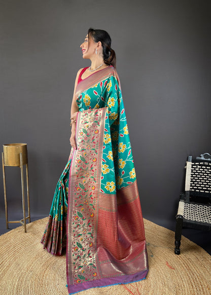 Adorable Silk Patola Weaving Teal Blue Color Saree