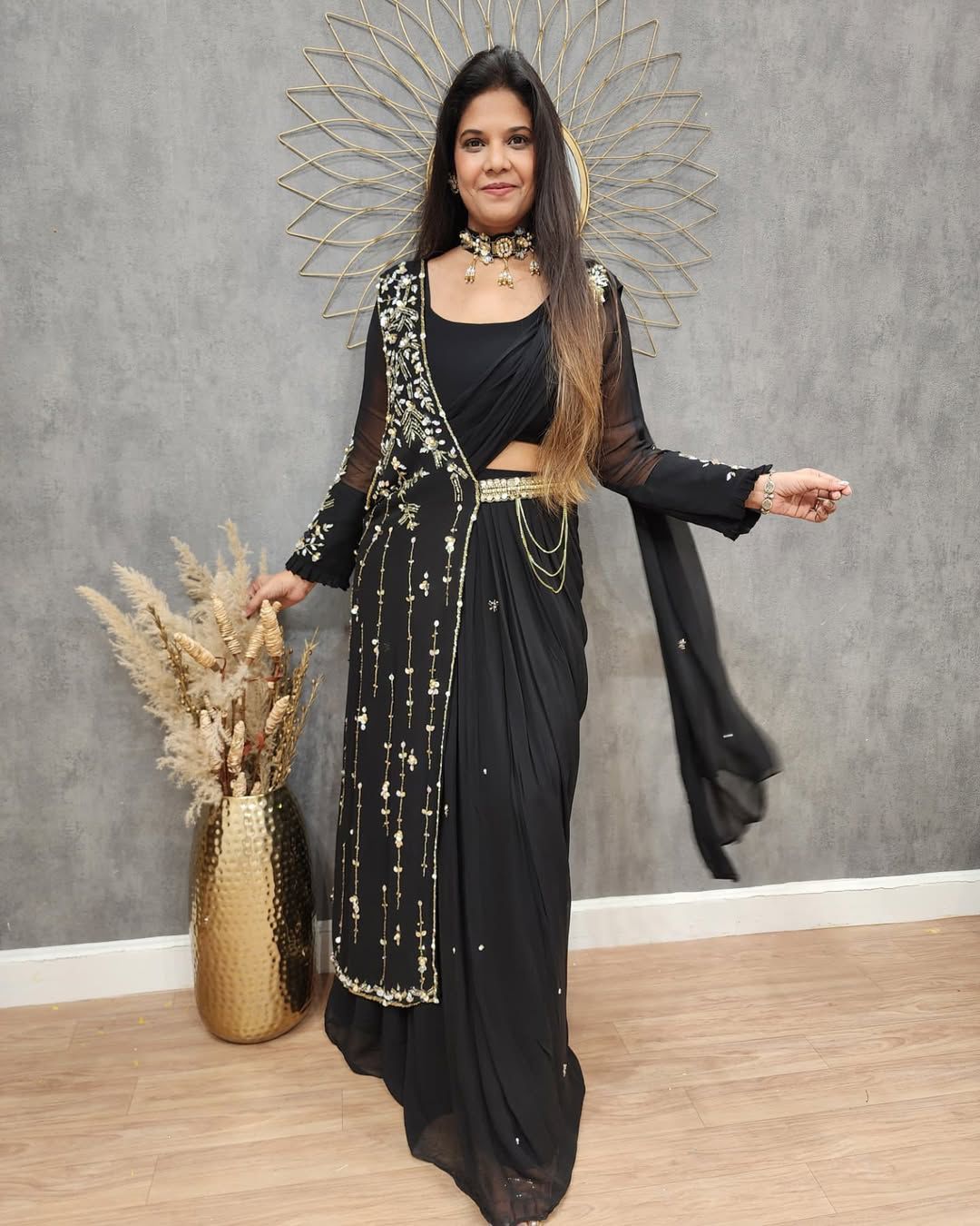 Party Wear Embroidery Work Black Color Lehenga Saree With Shurg