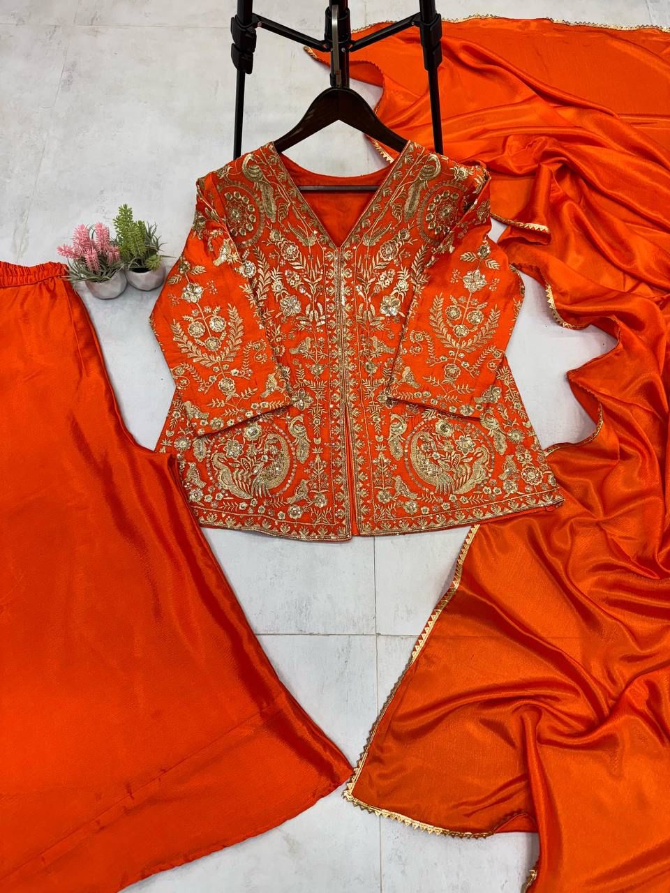 Designer Chinon Embroidery Work Orange Color Sharara Suit