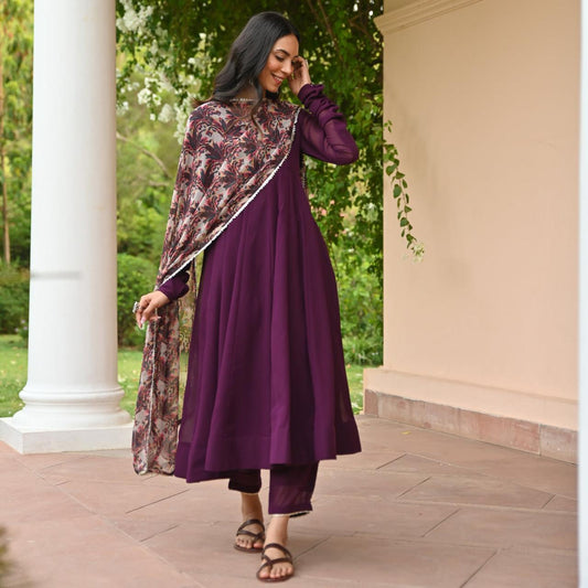 Delightful Georgette Wine Color Gown