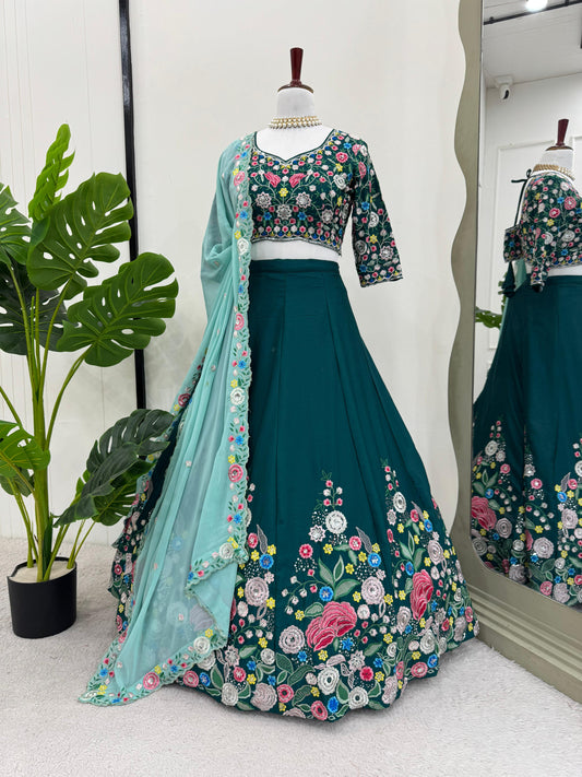 Fantastic Chinon Silk Sequence Work Green Color Lehenga Choli