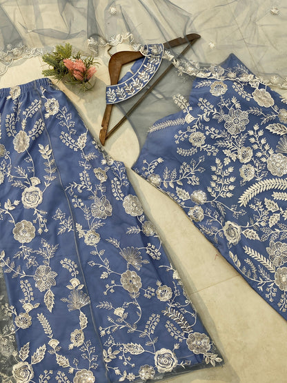 Shining Embroidery Work Blue Color Palazzo Suit