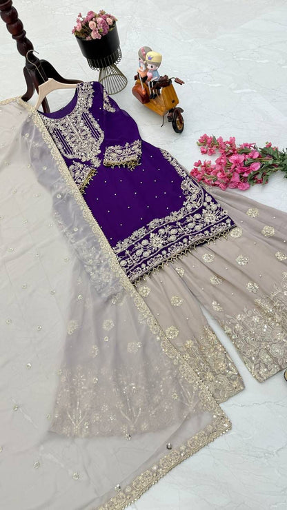 Glimmering Georgette Purple Color Sharara Suit