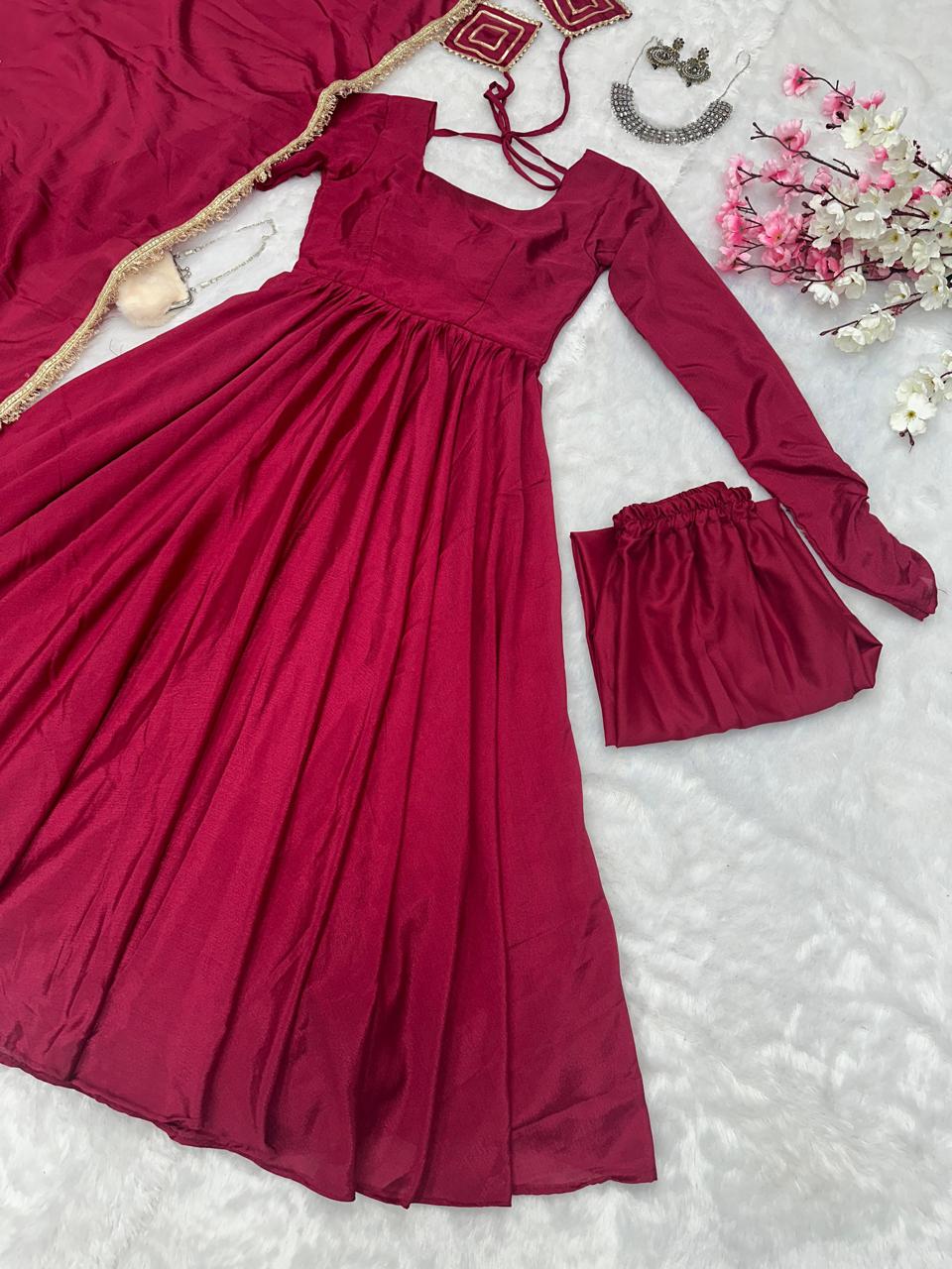 Peaceful Maroon Color Chinnon Silk Anarkali Gown