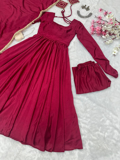 Peaceful Maroon Color Chinnon Silk Anarkali Gown