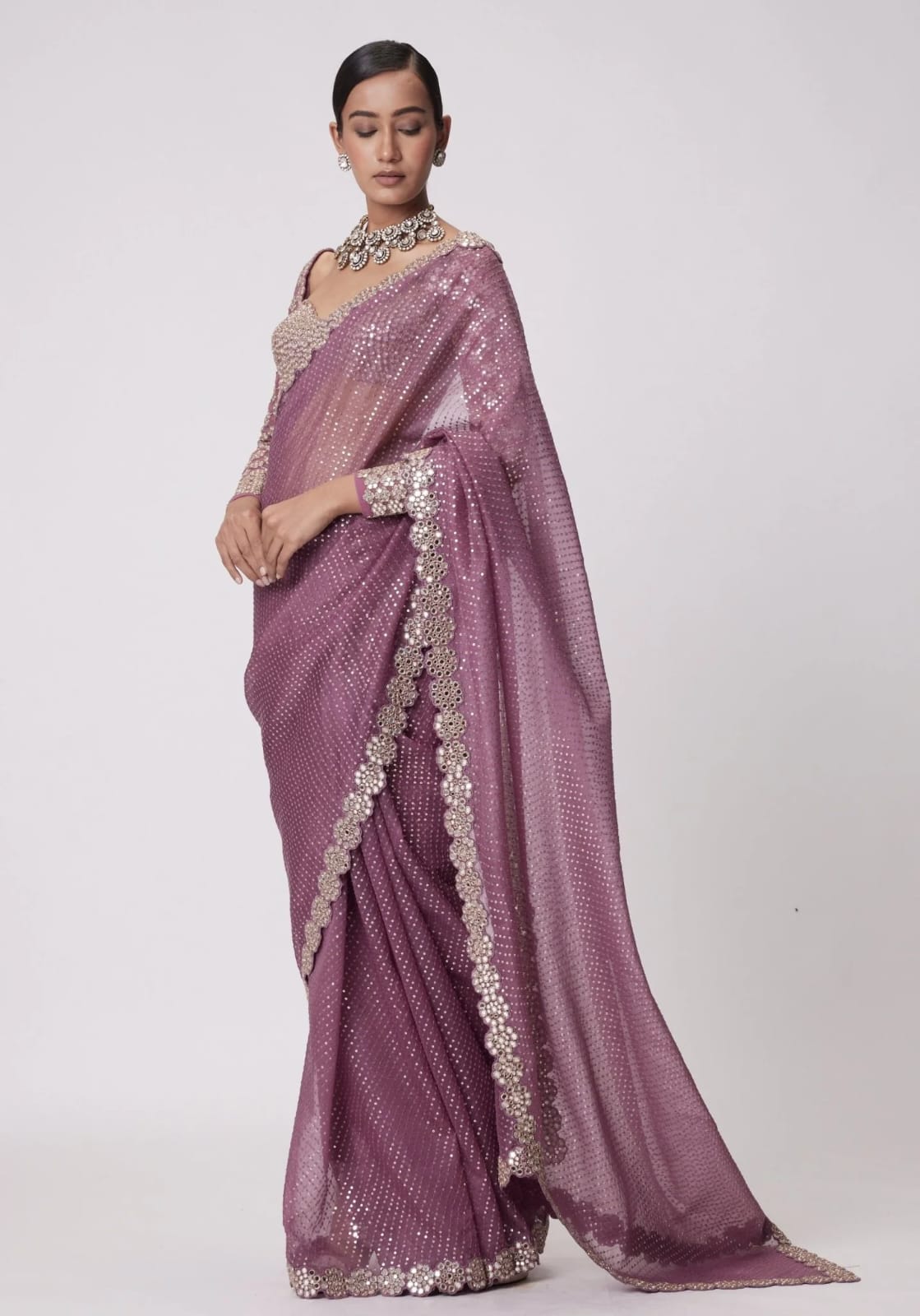 Stylish Georgette Original Mirror Onion Color Saree
