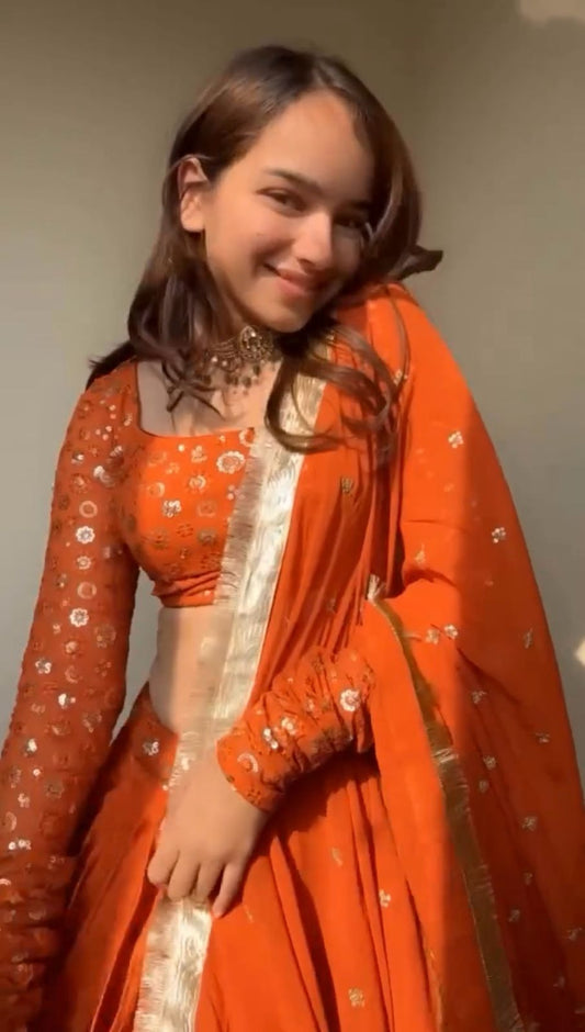 Wedding & Party Wear Sequence Work Orange Color Lehenga Choli