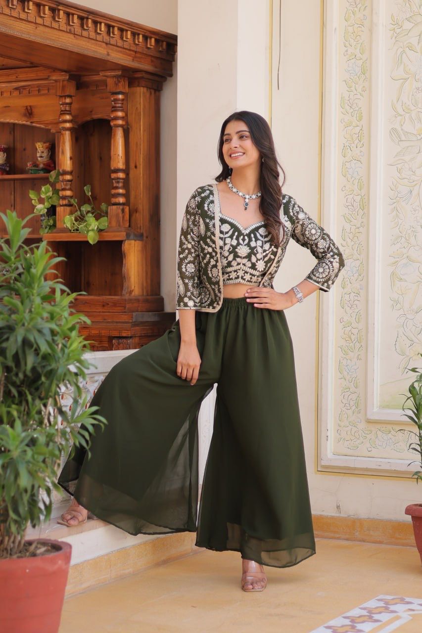 Glossy Georgette Lace Work Mehndi Color Palazzo Suit With Koti