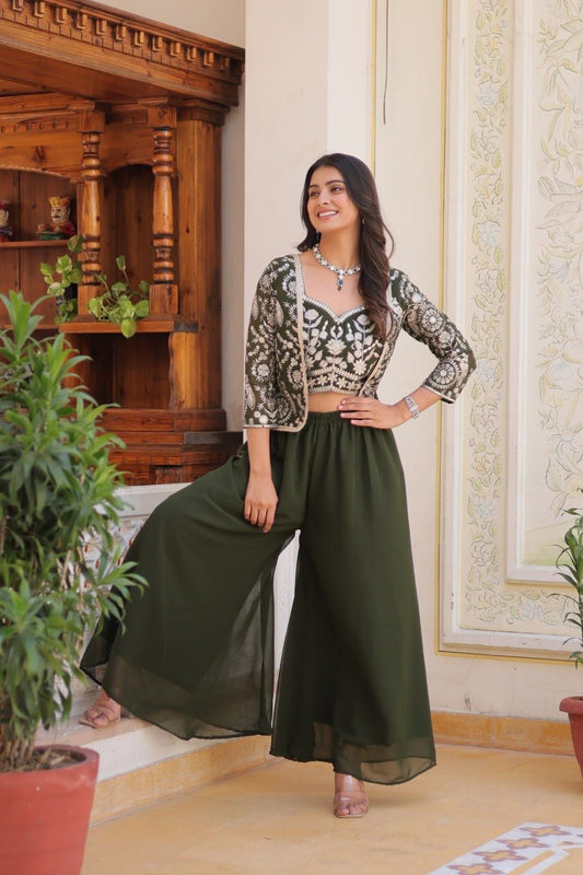 Glossy Georgette Lace Work Mehndi Color Palazzo Suit With Koti