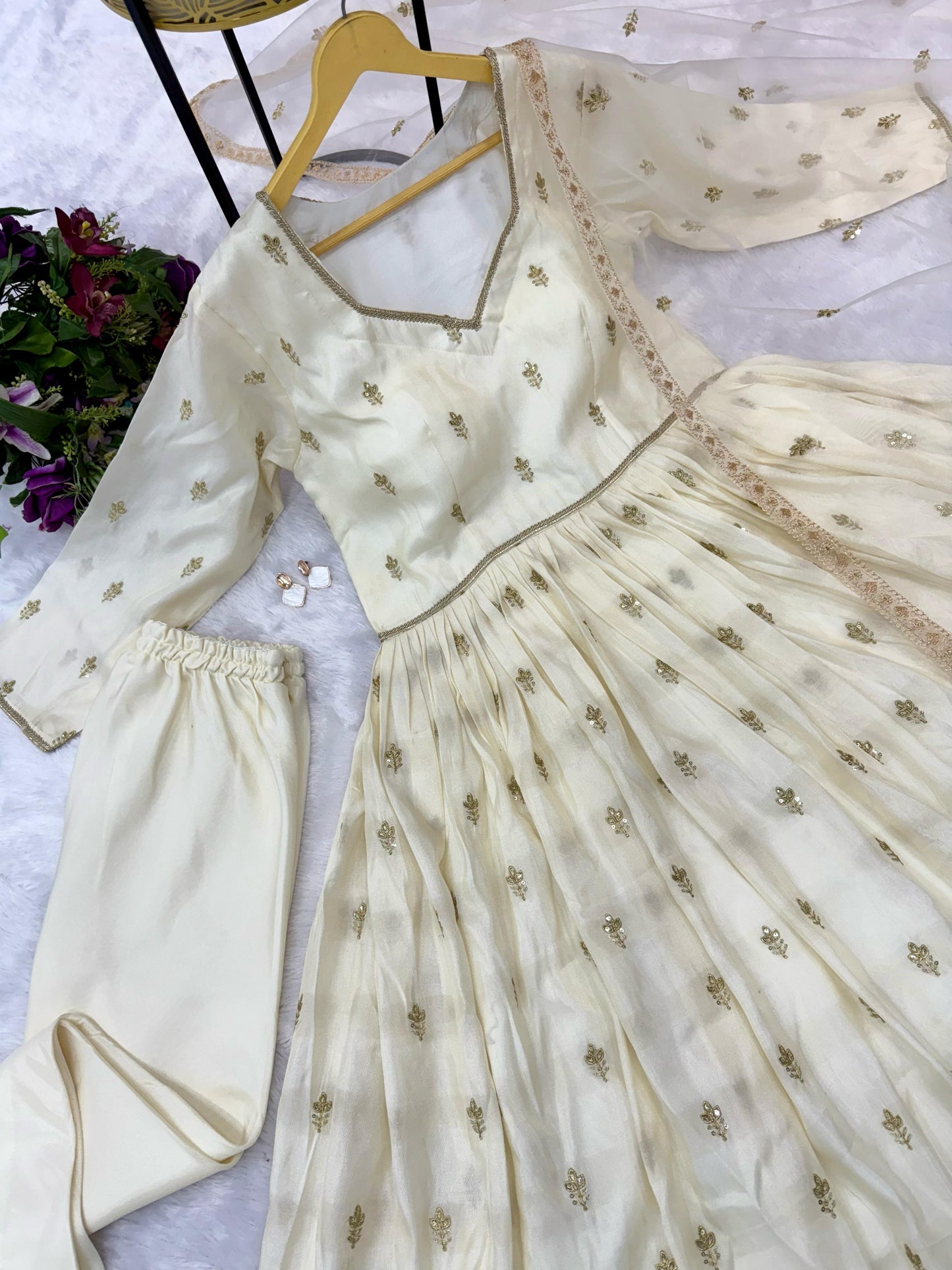 Adorable Embroidery Work Off White Color Gown