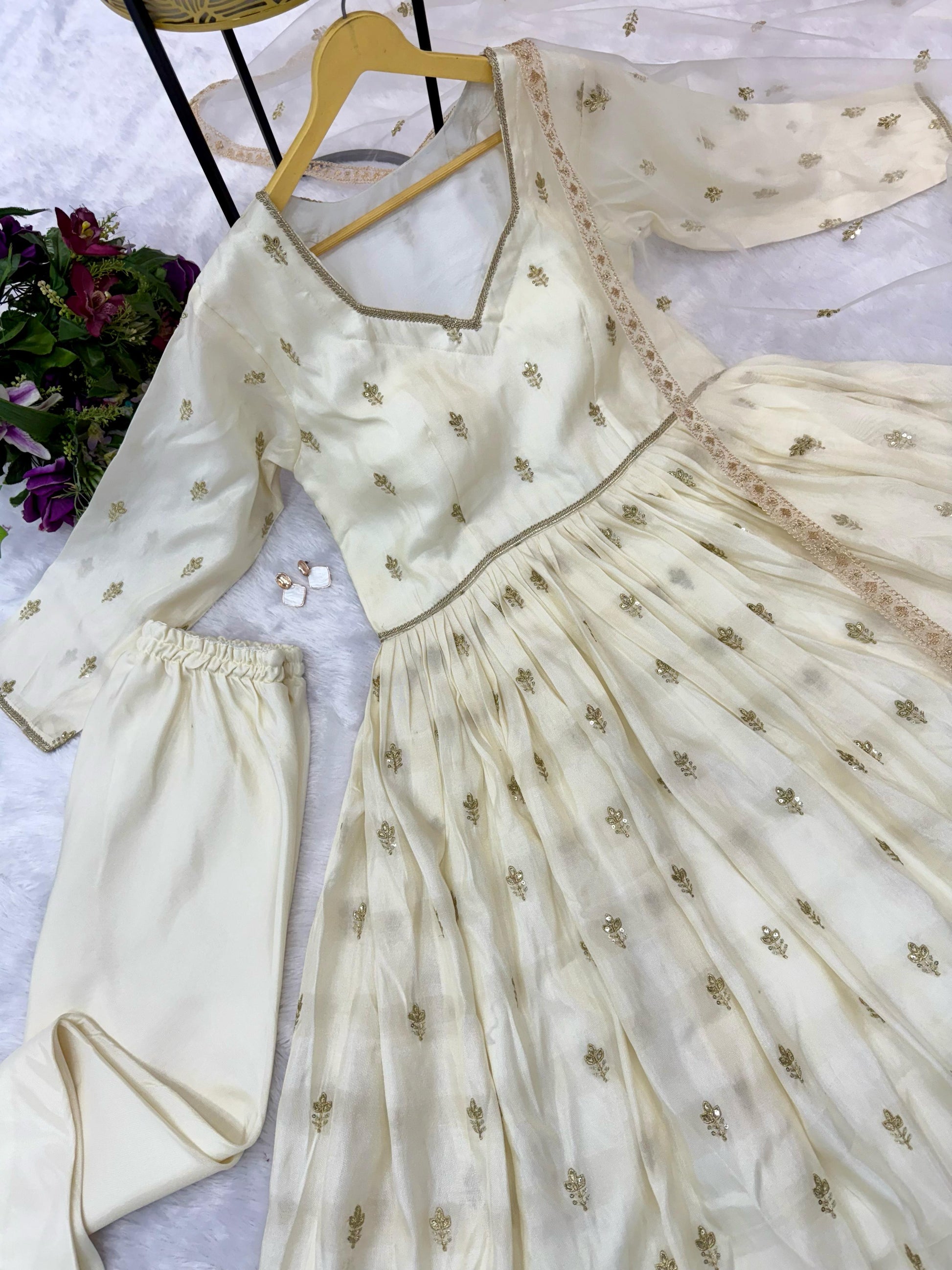 Adorable Embroidery Work Off White Color Gown