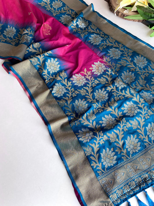 Fantastic Tone Silk Dark Pink & Teal Blue Color Saree