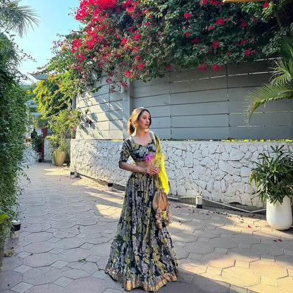 Stunning Chinon Silk Green Color Flower Print Lehenga Choli