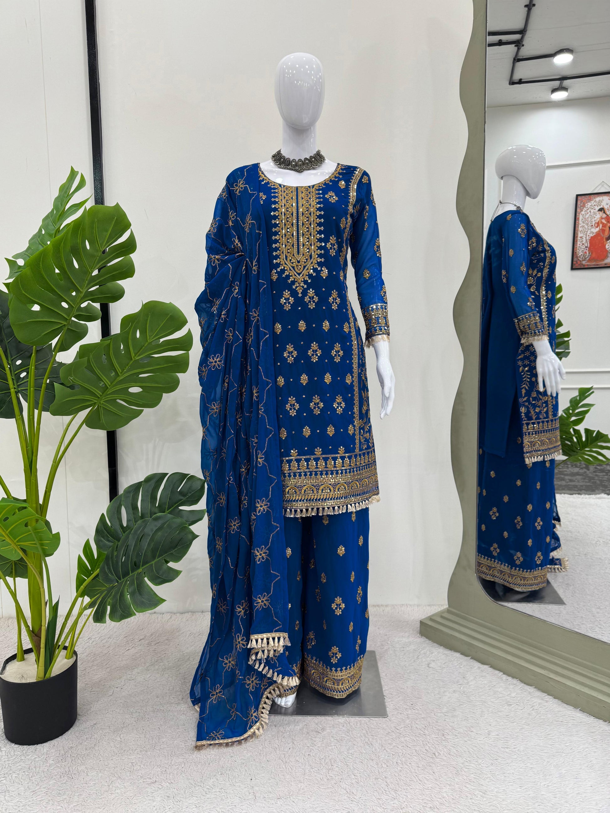 Look Designer Thread With Sequence Work Blue Color Sharara Suit