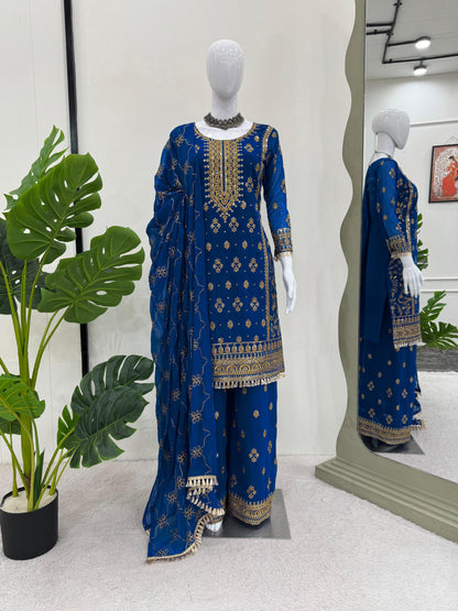 Look Designer Thread With Sequence Work Blue Color Sharara Suit