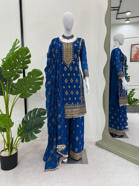 Look Designer Thread With Sequence Work Blue Color Sharara Suit