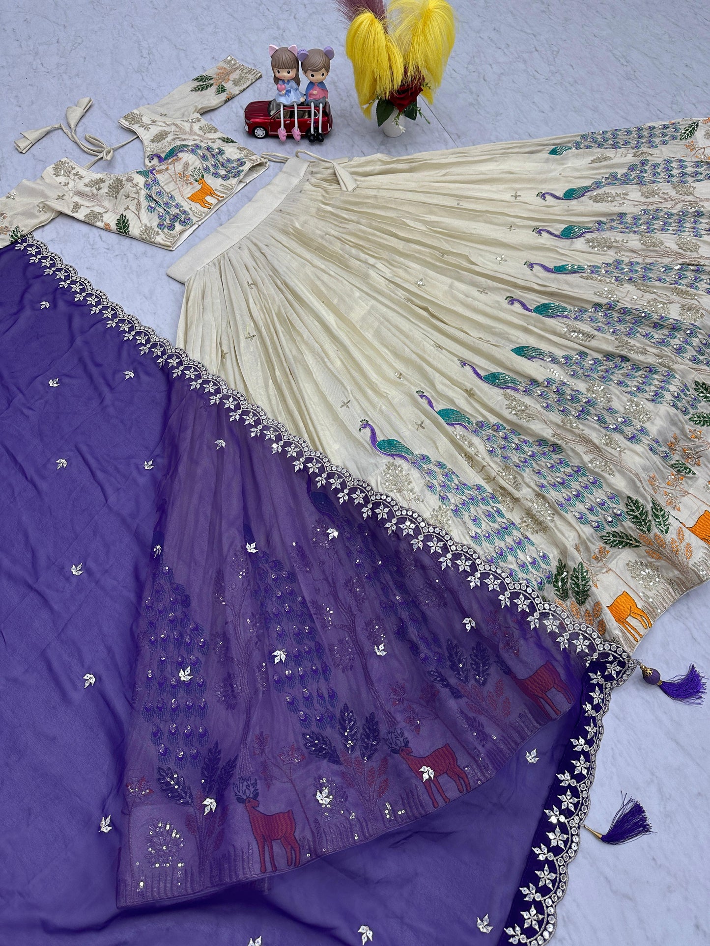 Pattern Wedding & Party Wear White Color With Purple Dupatta Lehenga Choli