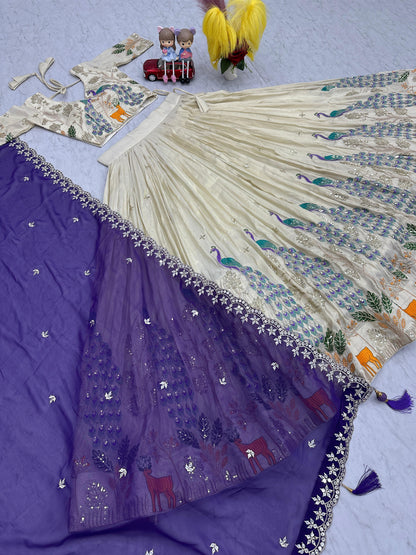 Pattern Wedding & Party Wear White Color With Purple Dupatta Lehenga Choli