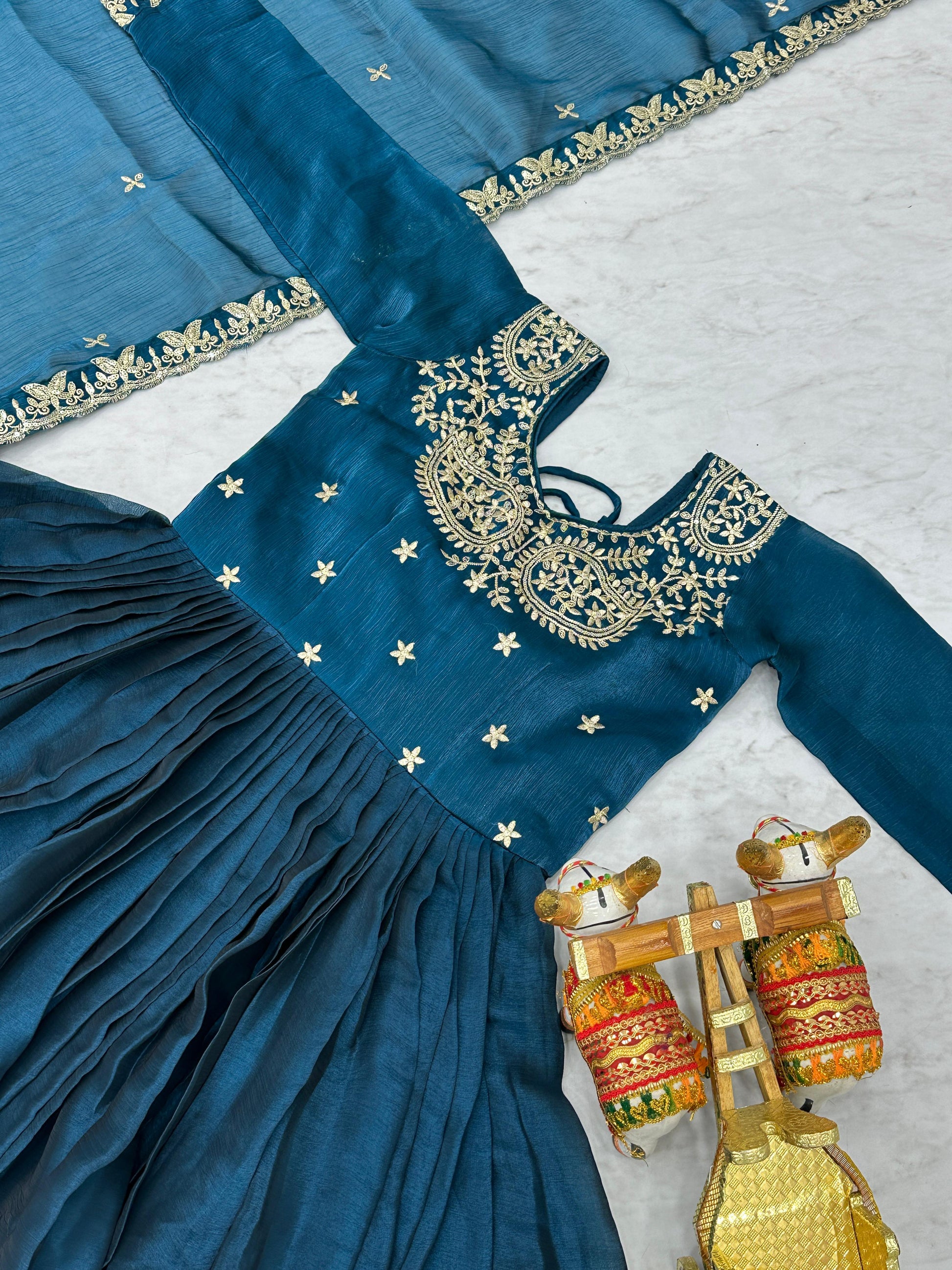 Festive Wear Burberry Silk Teal Blue Color Gown