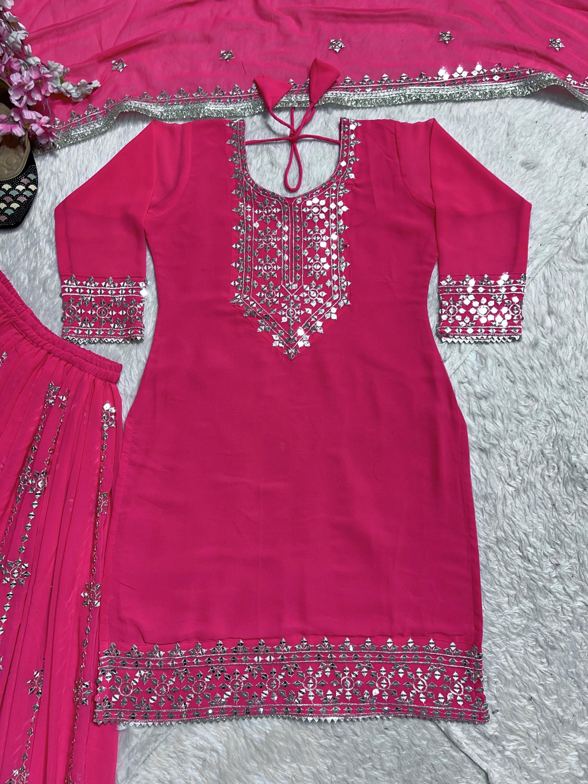 Pink Color Designer Three Piece Sharara Suit