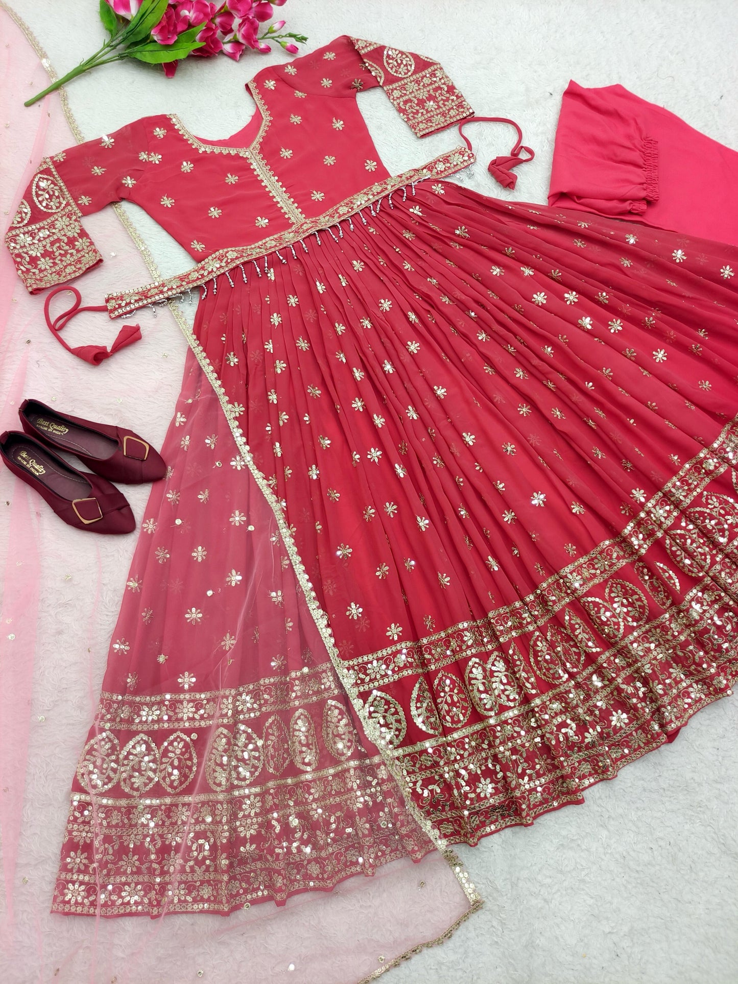 Imposing Pink Color Georgette Embroidery Work Gown