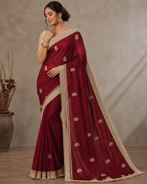 Red Fendy Satin Saree with Cream Embroidered Blouse | Wedding & Party Wear