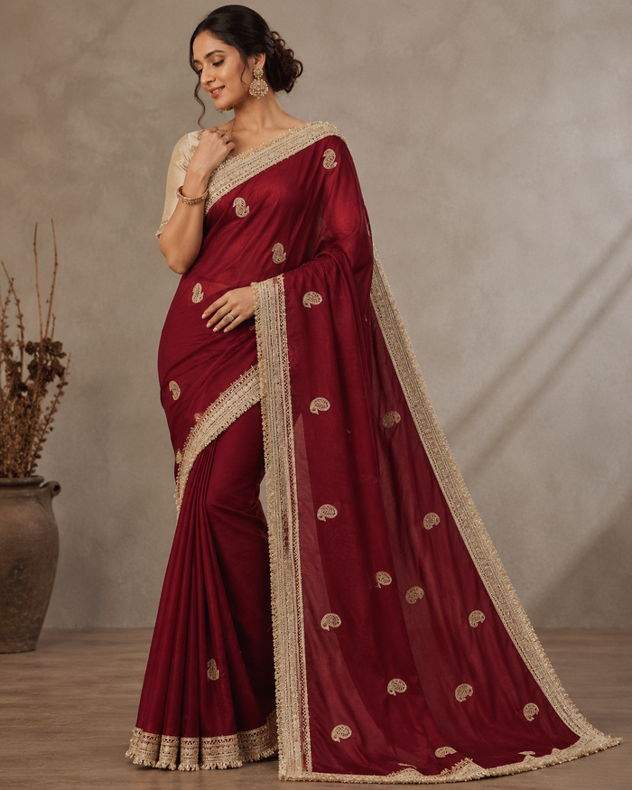 Red Fendy Satin Saree with Cream Embroidered Blouse | Wedding & Party Wear